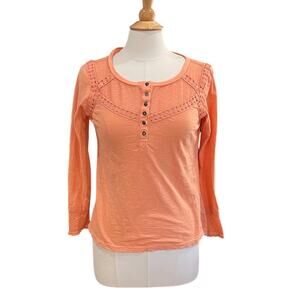 Sundance Coral Pink Embroidered Long Sleeve Henley Shirt, Size S